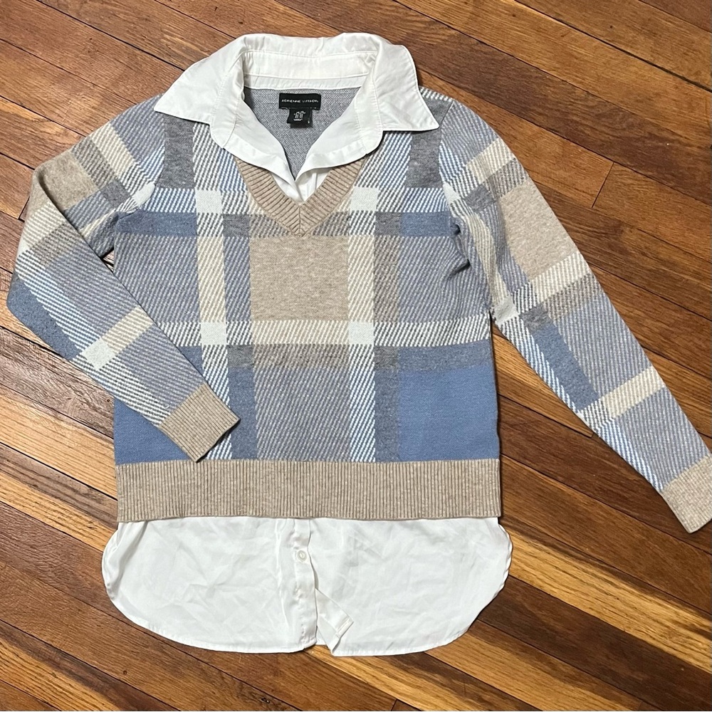 Plaid V-Neck Layered Collared Shirt Sweater Top